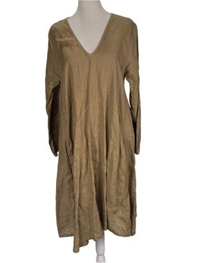 Milio Milano Women’s Linen V neck long sleeve midi dress with pockets Size M Tan
